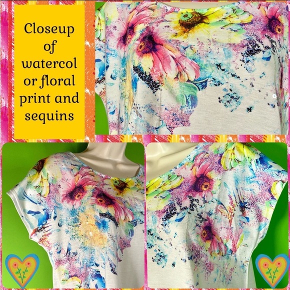 S WHITE TUNIC W WATERCOLOR FLORAL&SEQUIN DET SEMI SHEER HEM *Preowned/some wear* - Picture 6 of 14